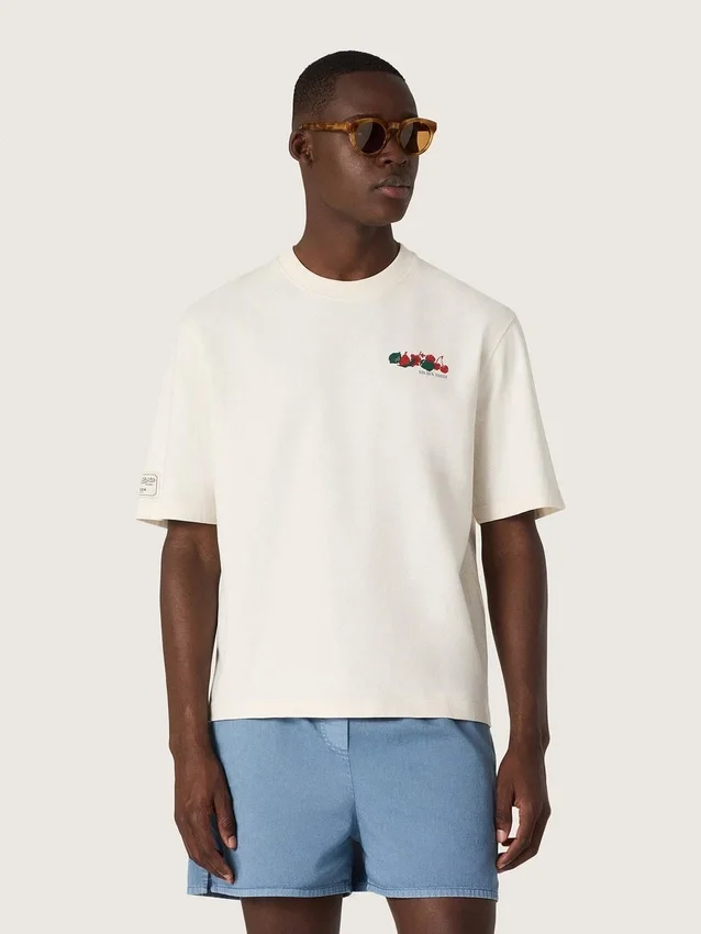 Unisex-Resort-Hemd aus weisser Baumwolle mit Aufdruck und Logo