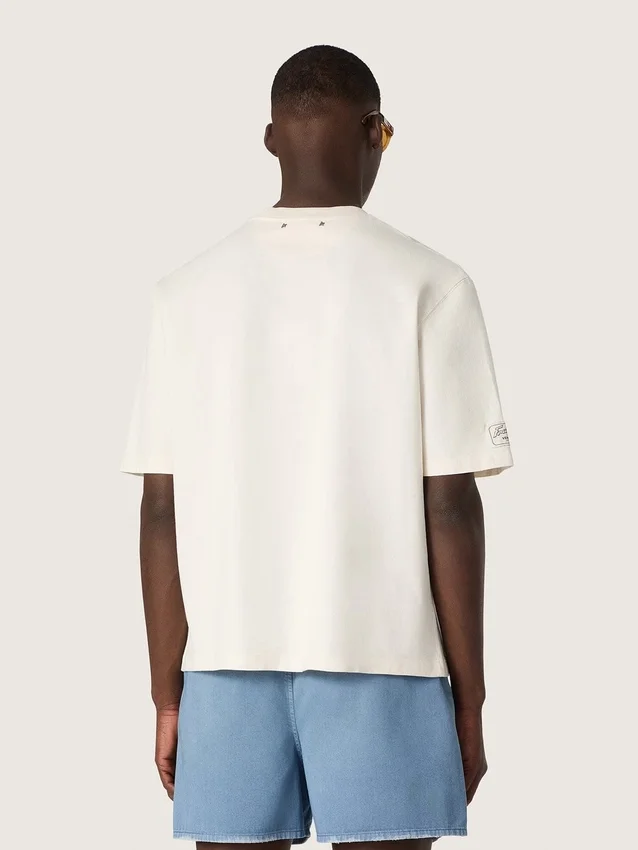 Unisex-Resort-Hemd aus weisser Baumwolle mit Aufdruck und Logo