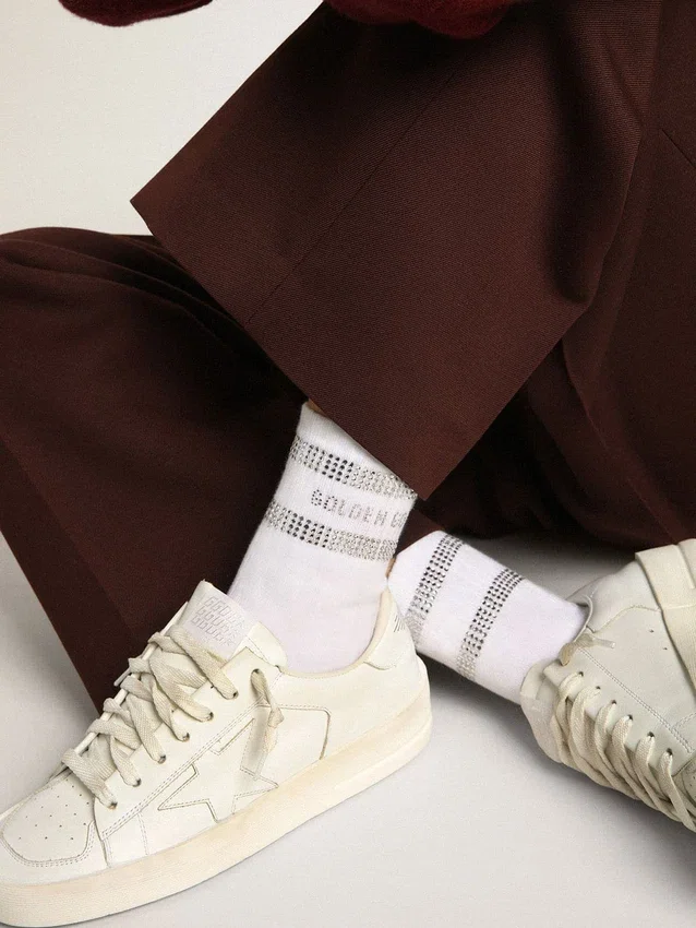 Unisex-Socken aus weisser Baumwolle mit dekorativen Kristallen