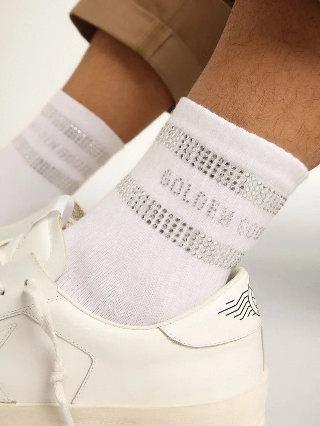 Unisex-Socken aus weisser Baumwolle mit dekorativen Kristallen