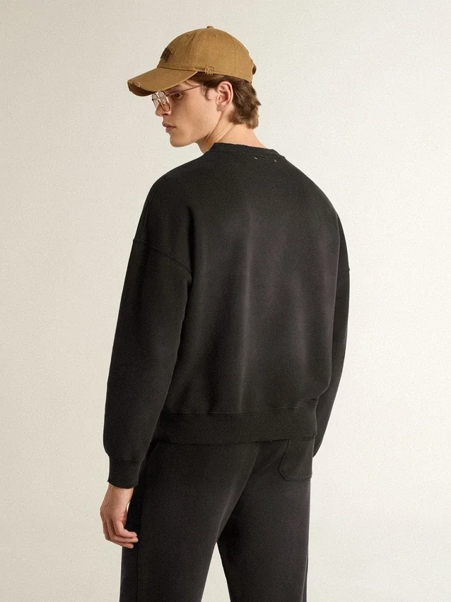 Unisex-Sweatshirt aus abgenutzter schwarzer Baumwolle mit gesticktem Logo