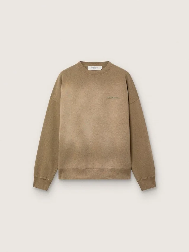 Unisex-Sweatshirt aus militärgrüner Baumwolle im Bleach-Look mit gesticktem Logo