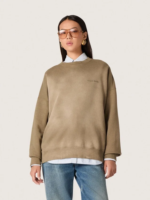 Unisex-Sweatshirt aus militärgrüner Baumwolle im Bleach-Look mit gesticktem Logo
