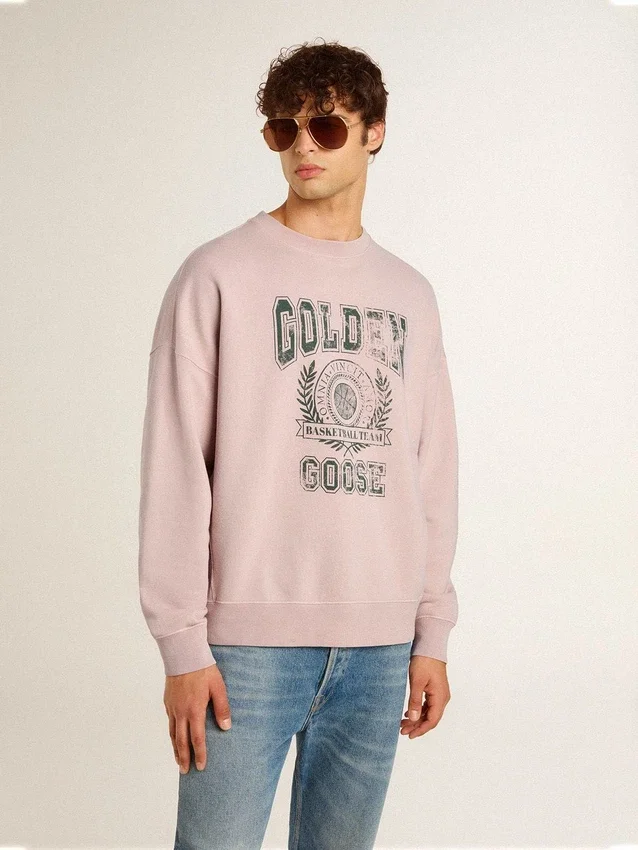 Unisex-Sweatshirt mit Rundhalsausschnitt in Altrosa und grünem Logo-Aufdruck