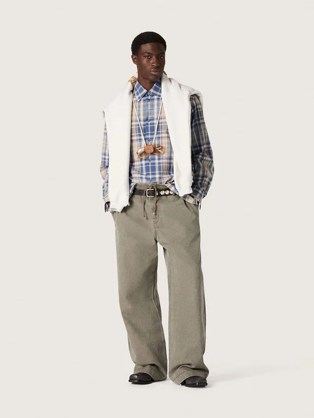 Oversize-Herrenhemd aus Baumwolle mit Karomuster in Indigo und Beige