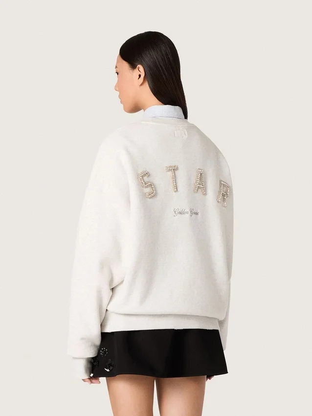 Unisex-Sweatshirt «Star» aus grauer Baumwolle mit Stickerei und Kristallen