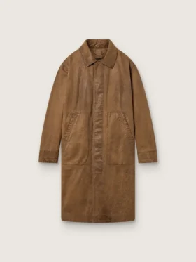 Unisex-Trenchcoat aus braunem, gewachstem Twill mit Lederdetails