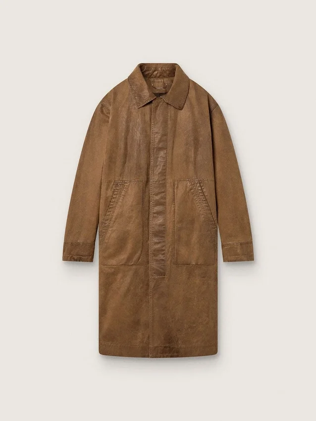 Unisex-Trenchcoat aus braunem, gewachstem Twill mit Lederdetails