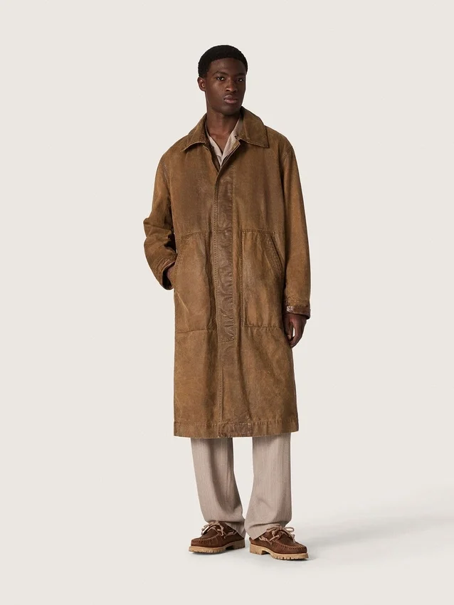Unisex-Trenchcoat aus braunem, gewachstem Twill mit Lederdetails