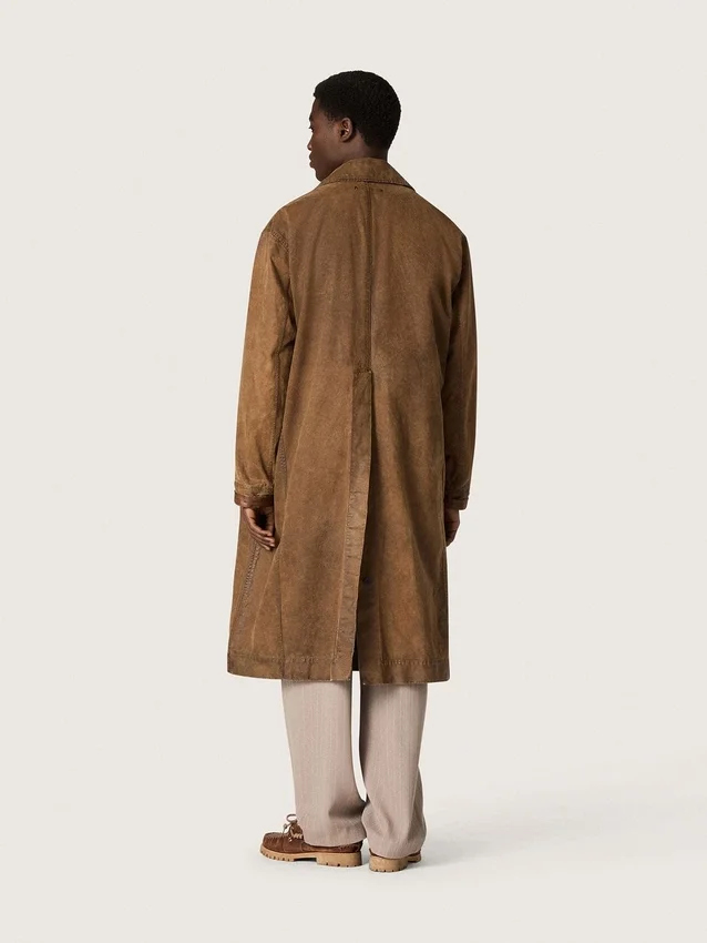Unisex-Trenchcoat aus braunem, gewachstem Twill mit Lederdetails