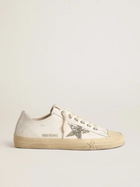V-Star aus weissem Leder mit einem platinfarbenen Glitzerstern