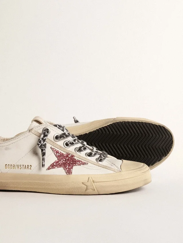 V-Star mit rosa Glitzerstern und Fersenlasche aus Metallic-Leder