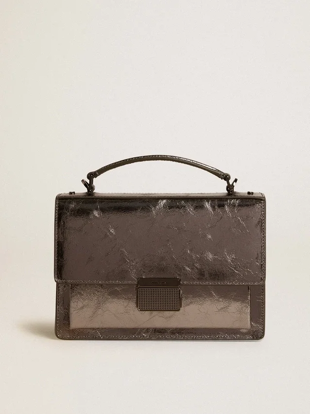 Venezia-Tasche aus anthrazitgrauem Metallic-Leder mit schwarzen Details