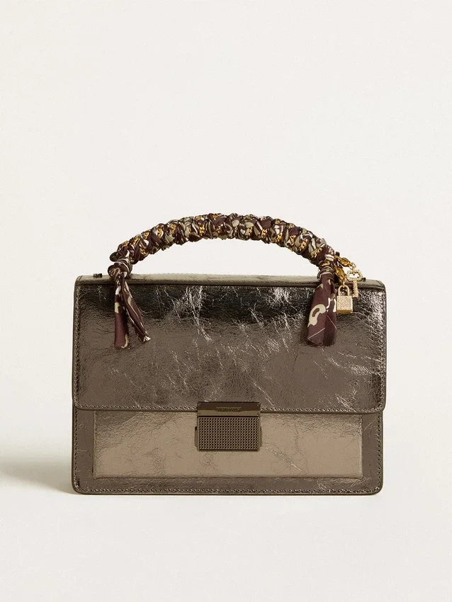 Venezia-Tasche aus anthrazitgrauem Metallic-Leder mit schwarzen Details