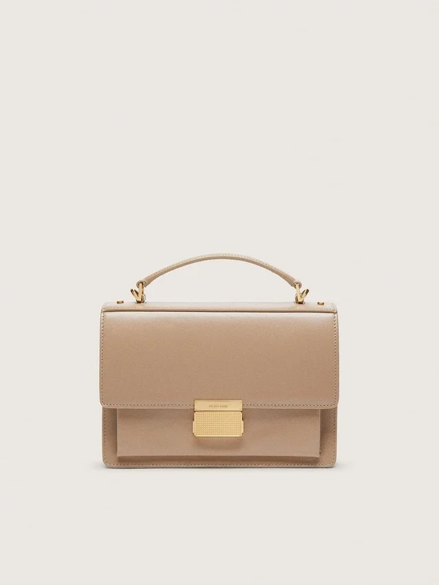 Venezia-Tasche aus beigem, genarbtem Leder mit goldenen Details