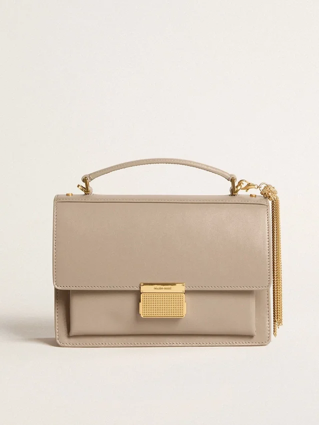 Venezia-Tasche aus beigem, genarbtem Leder mit goldenen Details
