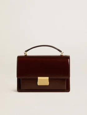 Venezia-Tasche aus dunkelbraunem laminiertem Leder mit goldenen Details