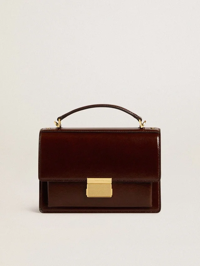 Venezia-Tasche aus dunkelbraunem laminiertem Leder mit goldenen Details