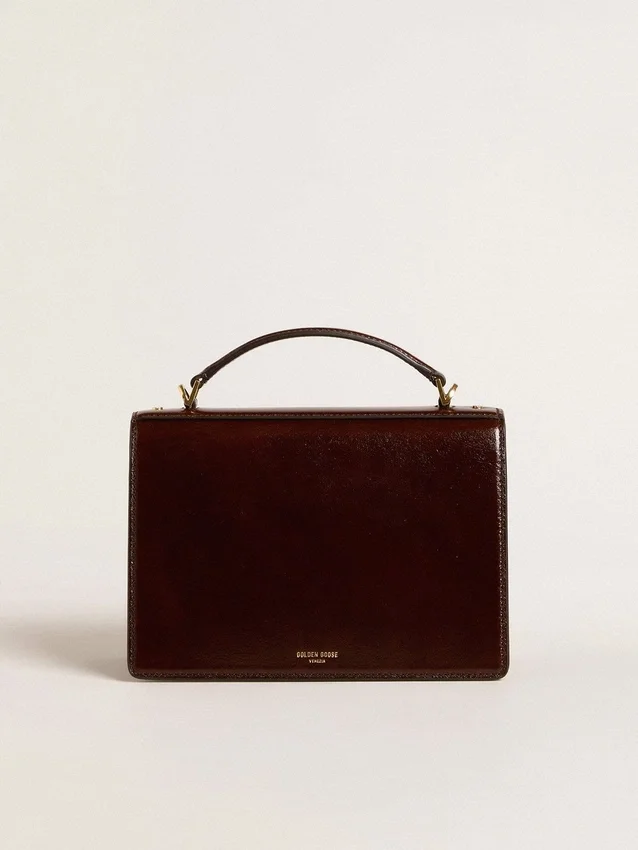 Venezia-Tasche aus dunkelbraunem laminiertem Leder mit goldenen Details