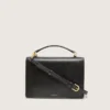 Venezia-Tasche aus schwarzem, auf Alt getrimmtem Leder mit goldenen Details