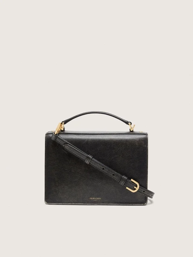 Venezia-Tasche aus schwarzem, auf Alt getrimmtem Leder mit goldenen Details