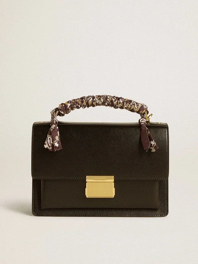 Venezia-Tasche aus schwarzem, genarbtem Leder mit mehrfarbigem Schal