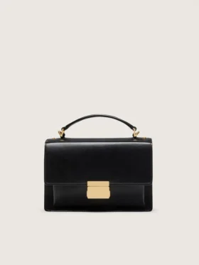 Venezia-Tasche aus schwarzem, geprägtem Leder mit goldenen Details