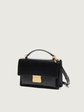 Venezia-Tasche aus schwarzem, geprägtem Leder mit goldenen Details