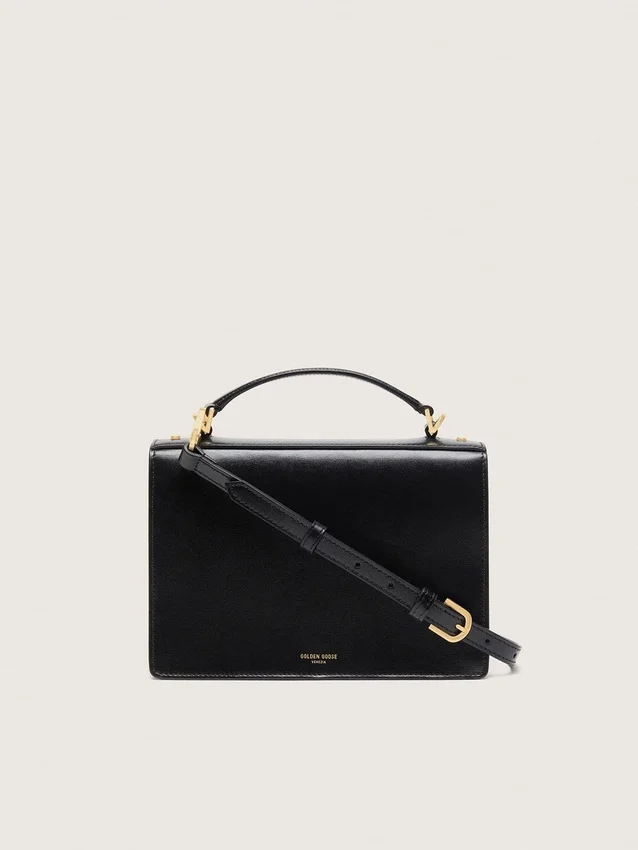 Venezia-Tasche aus schwarzem, geprägtem Leder mit goldenen Details