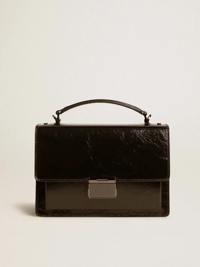 Venezia-Tasche aus schwarzem Metallic-Leder mit schwarzen Details