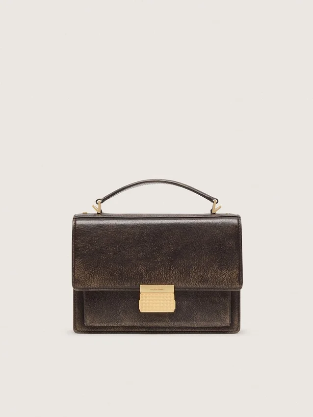 Venezia-Tasche aus vintage-dunkelbraunem, geprägtem Leder mit goldenen Details