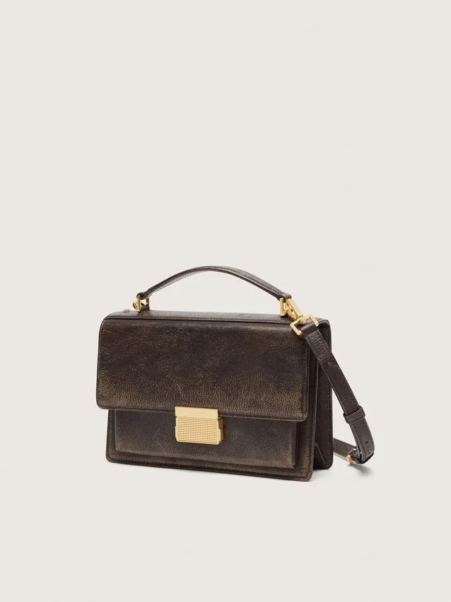 Venezia-Tasche aus vintage-dunkelbraunem, geprägtem Leder mit goldenen Details