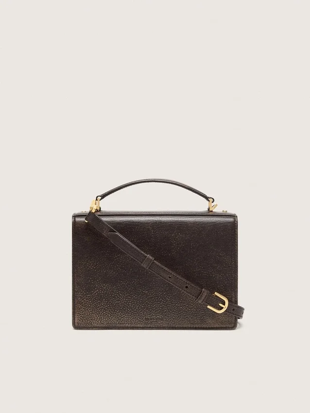 Venezia-Tasche aus vintage-dunkelbraunem, geprägtem Leder mit goldenen Details