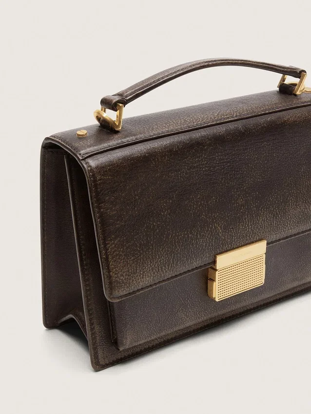 Venezia-Tasche aus vintage-dunkelbraunem, geprägtem Leder mit goldenen Details