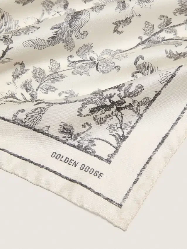 Vintage-Seidenschal in Weiss mit schwarzem Blumenmuster