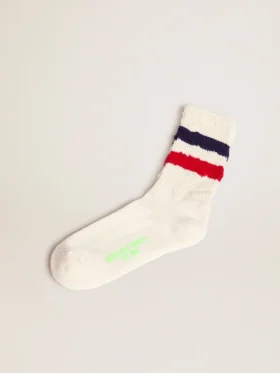 Vintage-weisse Socken mit Used-Look-Details und zweifarbigen Streifen