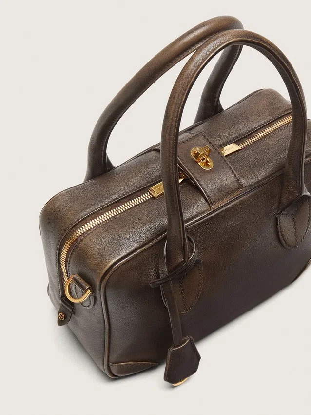 Vita-Tasche aus braunem Vintage-Leder mit goldenen Details