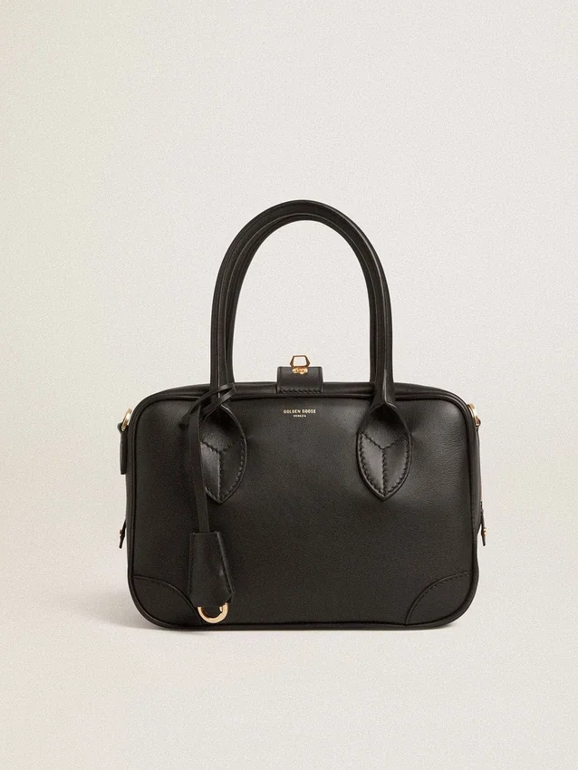 Vita-Tasche aus glattem schwarzem Leder mit goldenen Details