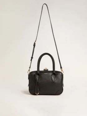 Vita-Tasche aus glattem schwarzem Leder mit goldenen Details