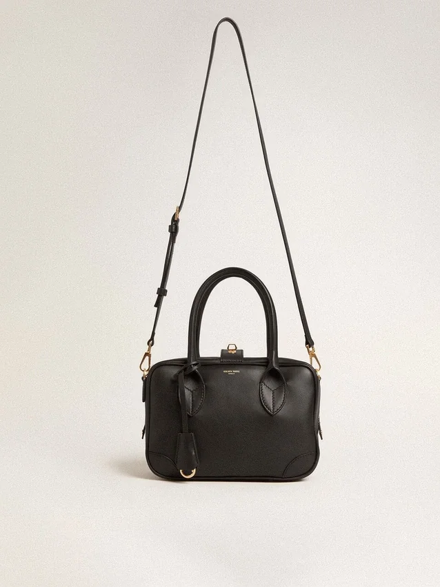 Vita-Tasche aus glattem schwarzem Leder mit goldenen Details