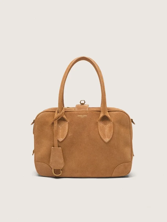 Vita-Tasche aus kamelfarbenem Wildleder mit goldenen Details