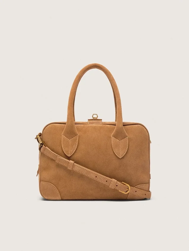 Vita-Tasche aus kamelfarbenem Wildleder mit goldenen Details