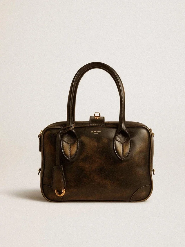 Vita-Tasche aus schwarzem Leder im Distressed-Look mit goldenen Details
