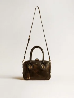 Vita-Tasche aus schwarzem Leder im Distressed-Look mit goldenen Details