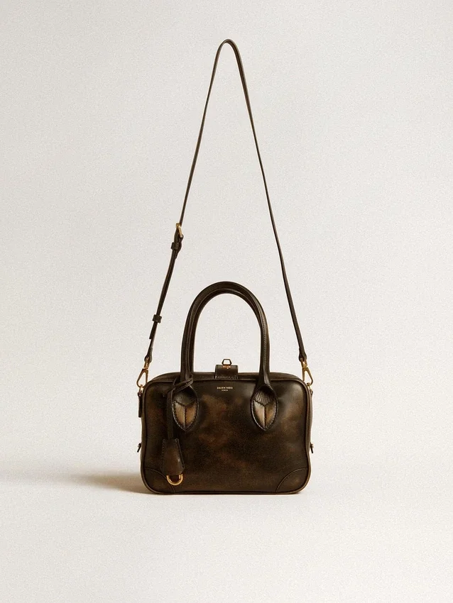Vita-Tasche aus schwarzem Leder im Distressed-Look mit goldenen Details