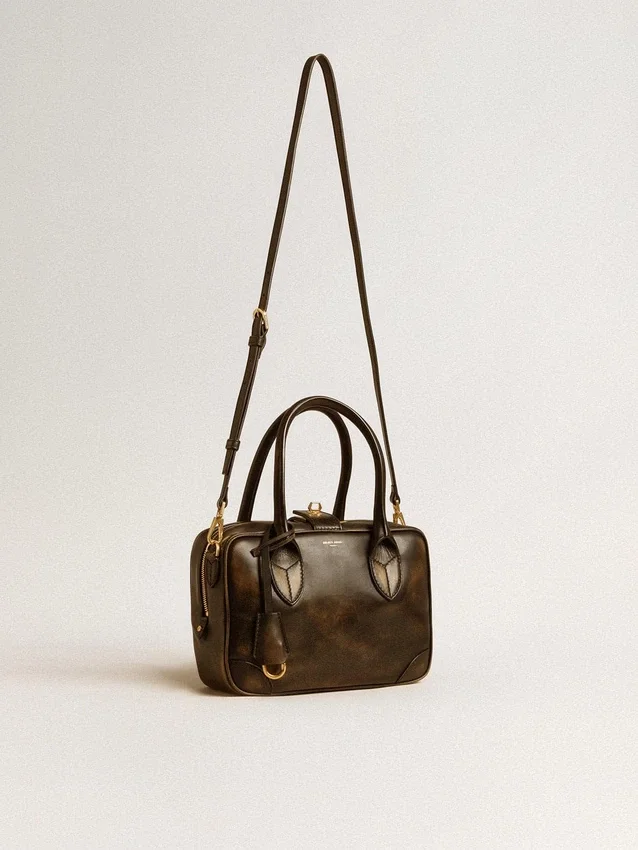 Vita-Tasche aus schwarzem Leder im Distressed-Look mit goldenen Details