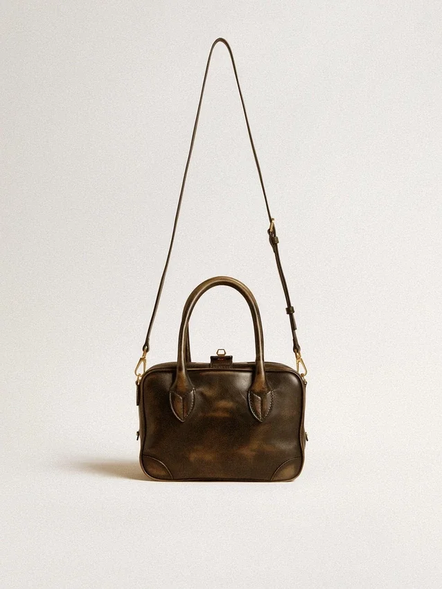Vita-Tasche aus schwarzem Leder im Distressed-Look mit goldenen Details