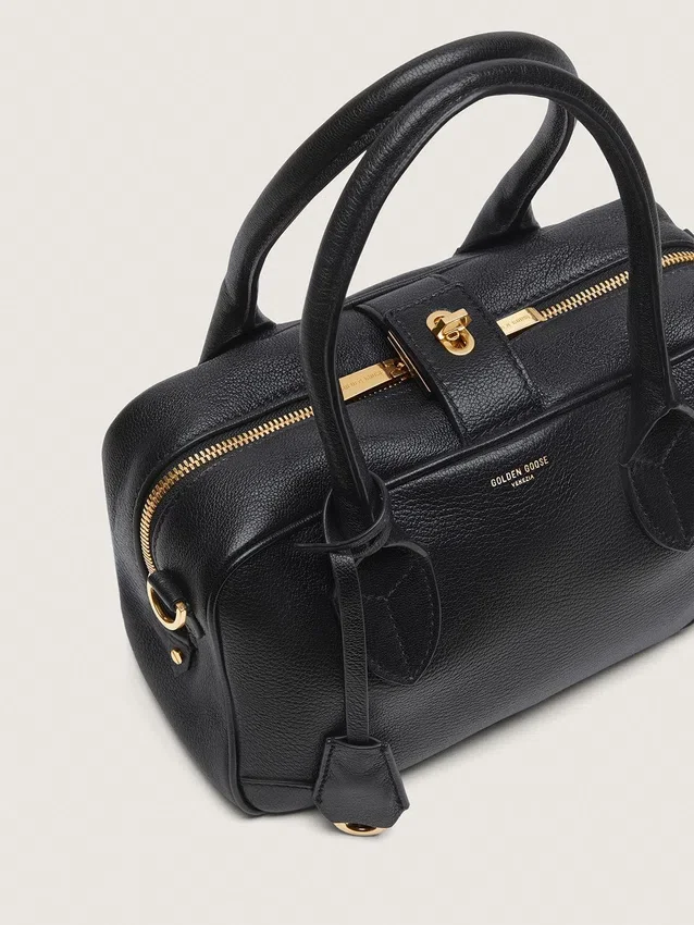 Vita-Tasche aus schwarzem Schafsleder mit goldenen Details