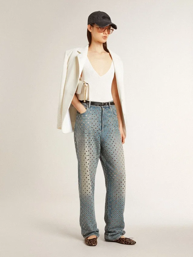 Washed-Jeans für Damen mit durchgehenden Ösen