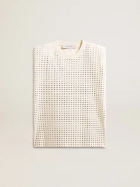 Weiss gealtertes, ärmelloses T-Shirt mit Kristallverzierung